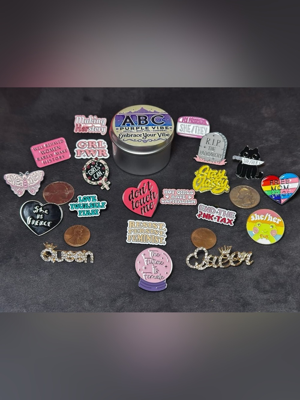 🩷♀ Feminist & 🌈 Pride Enamel Pins |Pronoun Self Love Bundle 21 set & mini candle - Picture 4 of 4